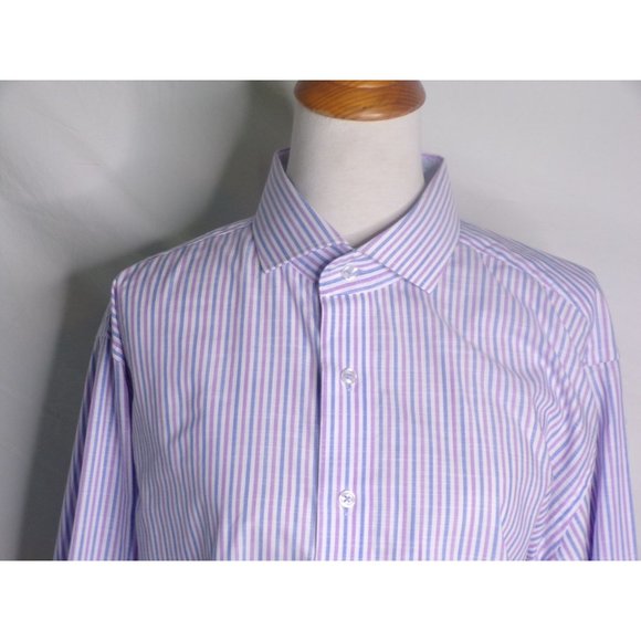 LORENZO UOMO Striped Trim Fit Dress Shirt Blue Purple 17 - 34/35 NEW - Picture 4 of 9